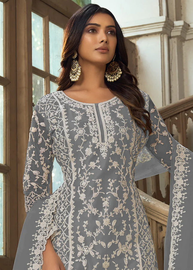 Grey Embroidered Pant Style Suit