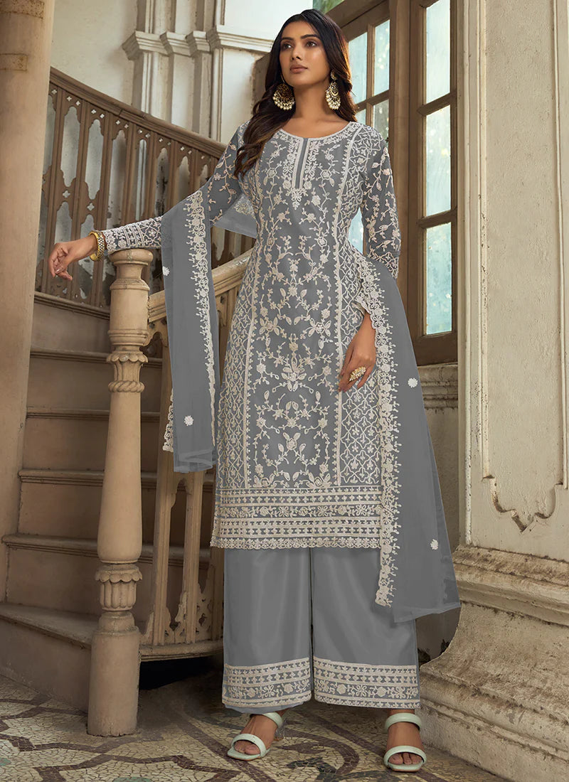 Grey Embroidered Net Pant Style Suit