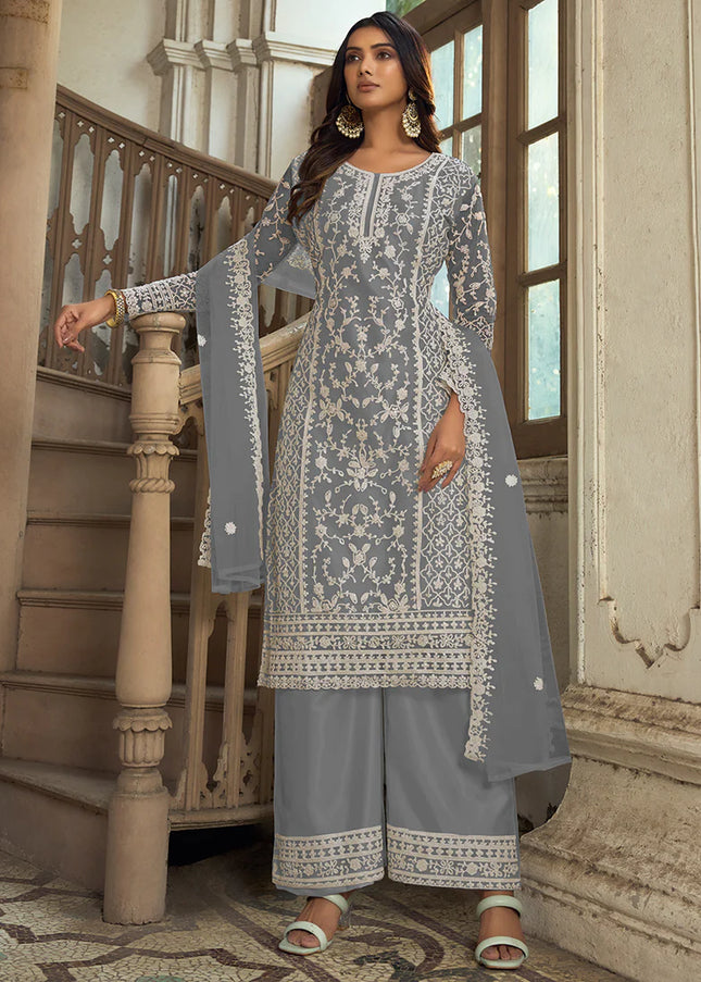Grey Embroidered Pant Style Suit