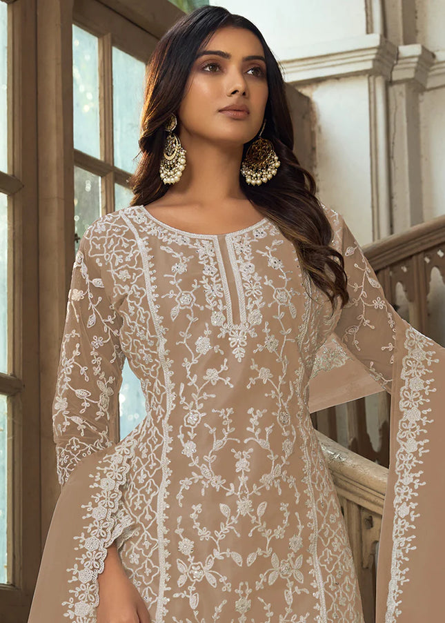 Brown Embroidered Pant Style Suit