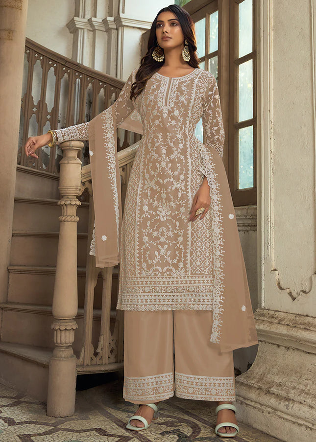 Brown Embroidered Pant Style Suit