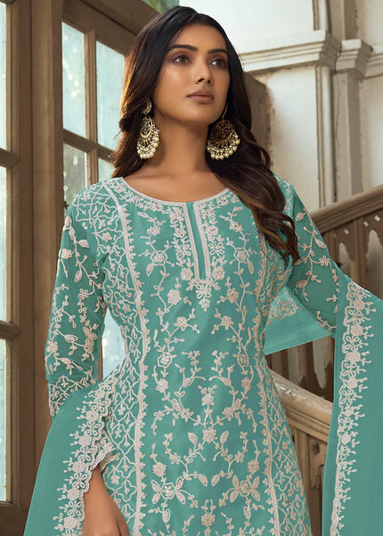 Aqua Embroidered Pant Style Suit