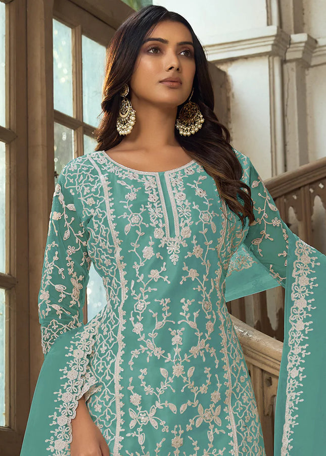 Aqua Embroidered Pant Style Suit