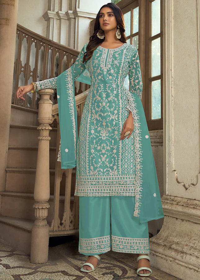 Aqua Embroidered Pant Style Suit