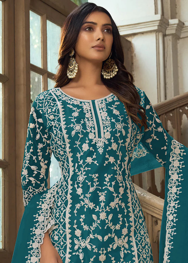 Dark Teal Embroidered Pant Style Suit