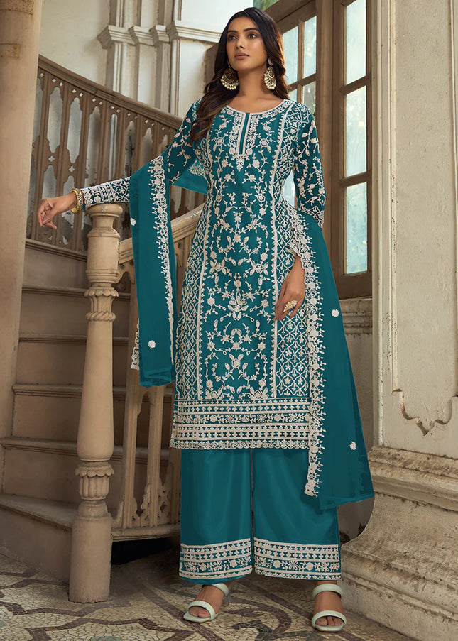 Dark Teal Embroidered Pant Style Suit
