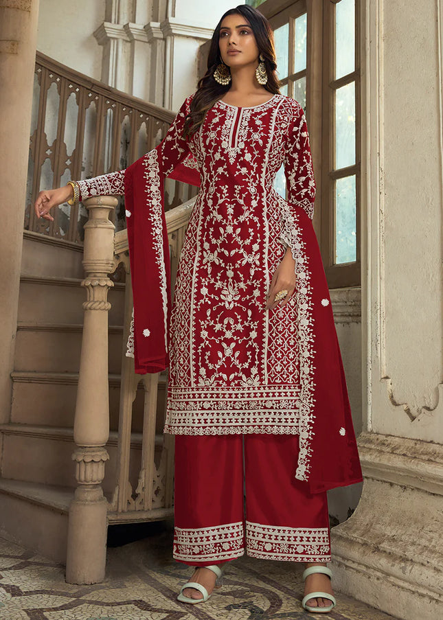 Maroon Embroidered Pant Style Suit