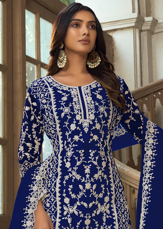 Royal Blue Embroidered Pant Style Suit