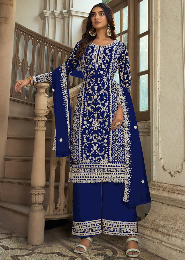 Royal Blue Embroidered Pant Style Suit
