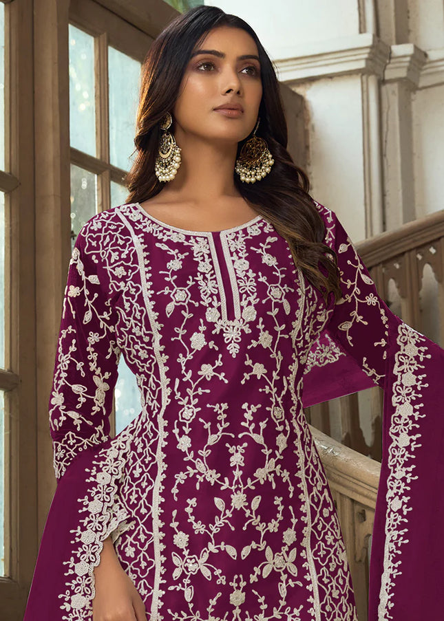 Purple Embroidered Pant Style Suit