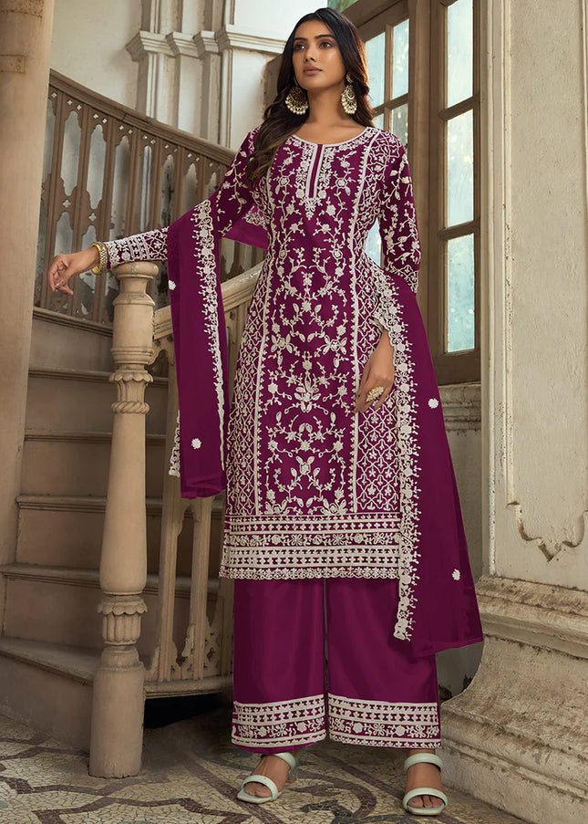 Purple Embroidered Pant Style Suit