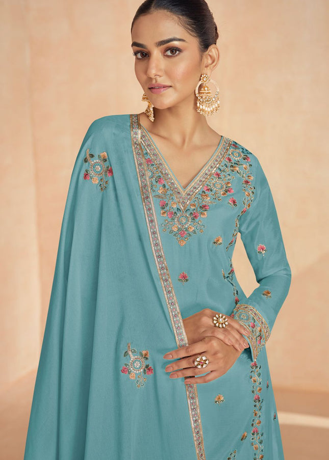 Sky Blue Embroidered Sharara Suit