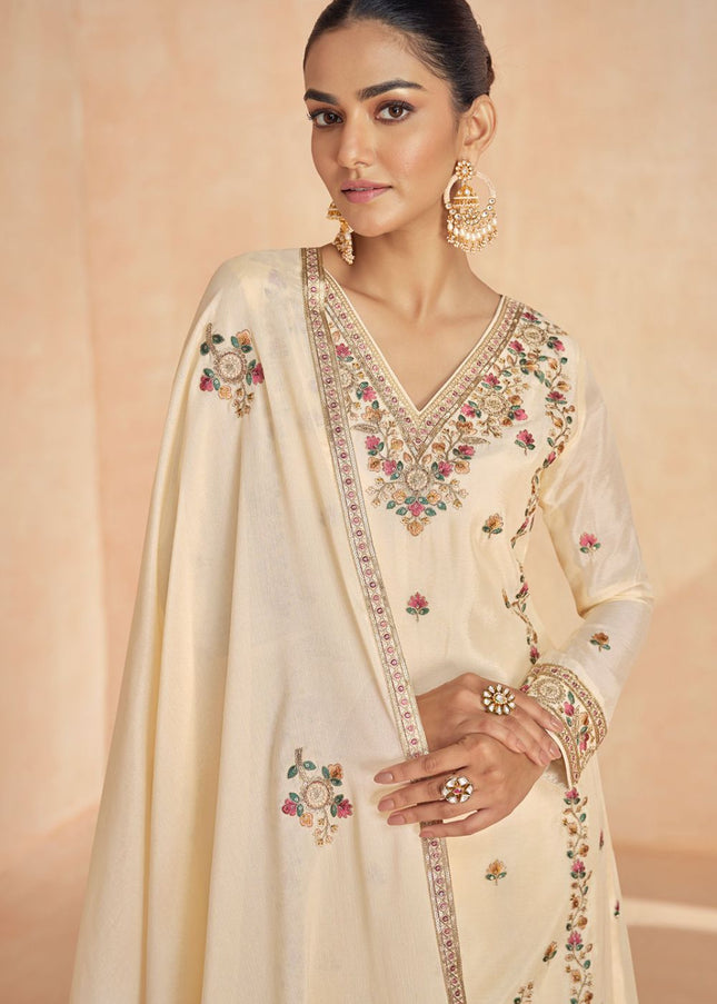 Cream Embroidered Sharara Suit