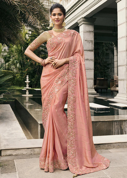 Peach and Beige Embroidered Wedding Saree