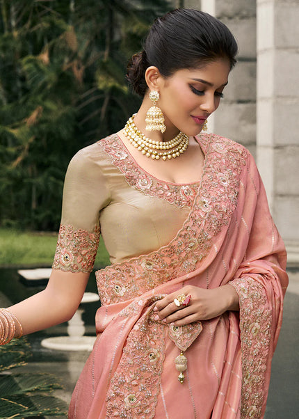 Peach and Beige Embroidered Wedding Saree