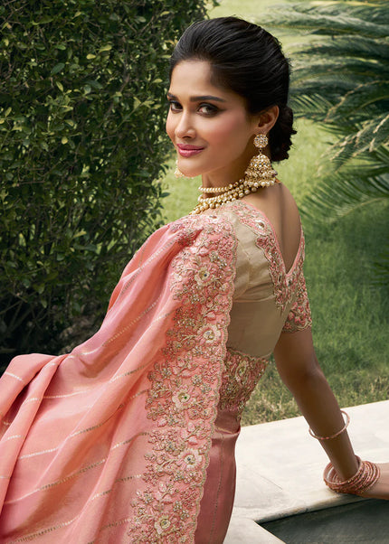 Peach and Beige Embroidered Wedding Saree