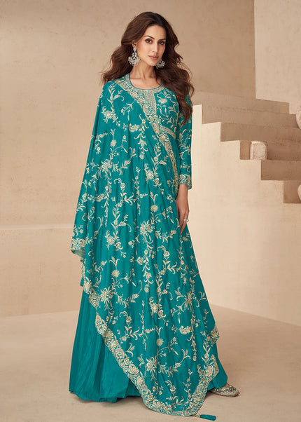 Teal Blue Embroidered Anarkali Gown