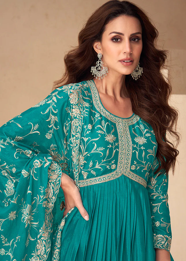 Teal Blue Embroidered Anarkali Gown