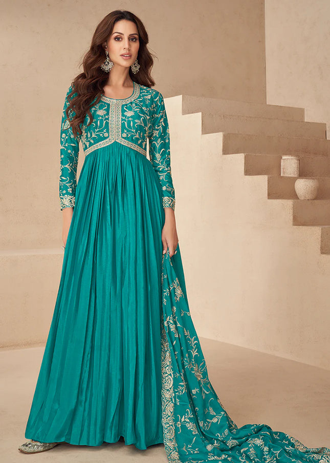 Teal Blue Embroidered Anarkali Gown