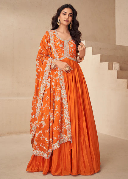 Orange Embroidered Anarkali Gown