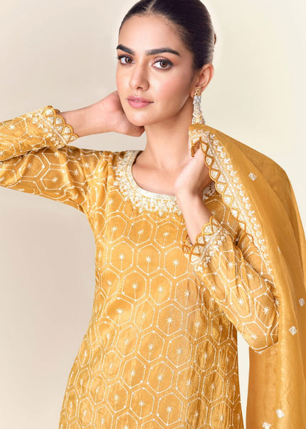 Mustard Embroidered Sharara Suit