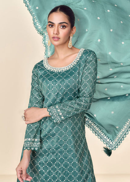 Teal Grey Embroidered Sharara Suit