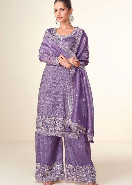 Purple Embroidered Sharara Suit