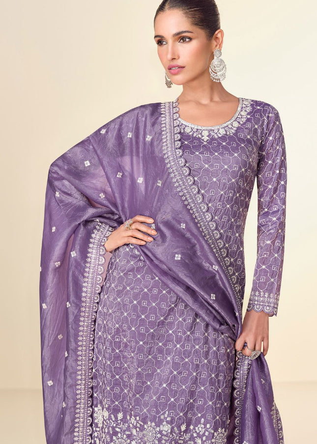 Purple Embroidered Sharara Suit