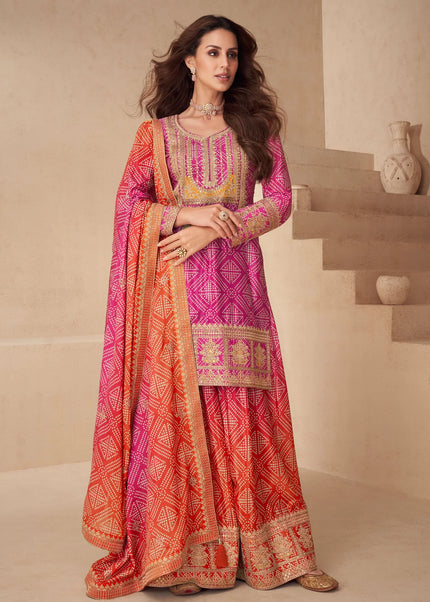 Pink and Orange Printed and Embroidered Sharara Suit