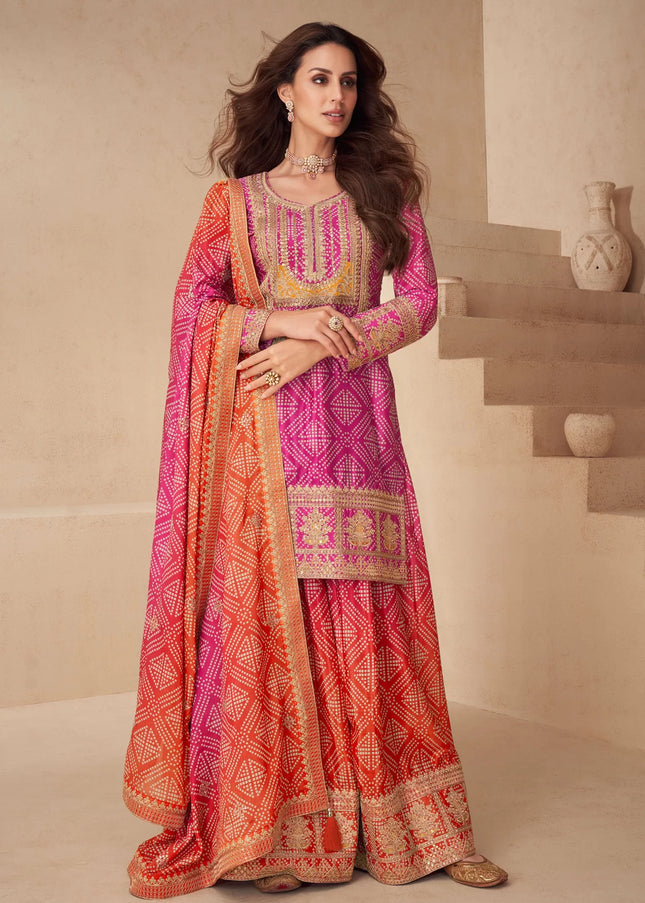 Pink and Orange Printed and Embroidered Sharara Suit