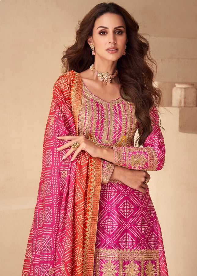 Pink and Orange Printed and Embroidered Sharara Suit
