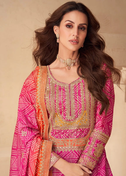 Pink and Orange Printed and Embroidered Sharara Suit