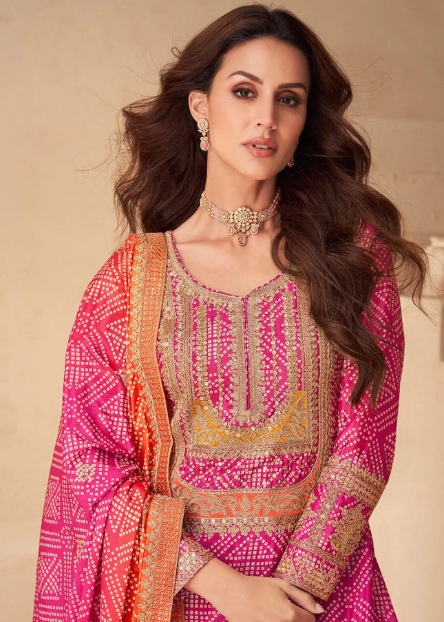 Pink and Orange Printed and Embroidered Sharara Suit
