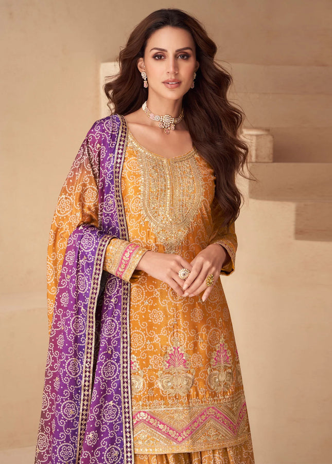 Mustard Yellow and Purple Printed and Embroidered Sharara Suit