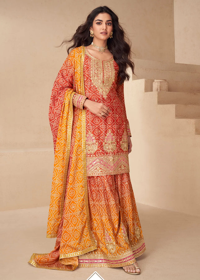Red and Mustard Yellow Printed and Embroidered Sharara Suit