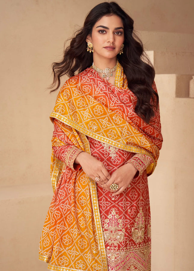 Red and Mustard Yellow Printed and Embroidered Sharara Suit