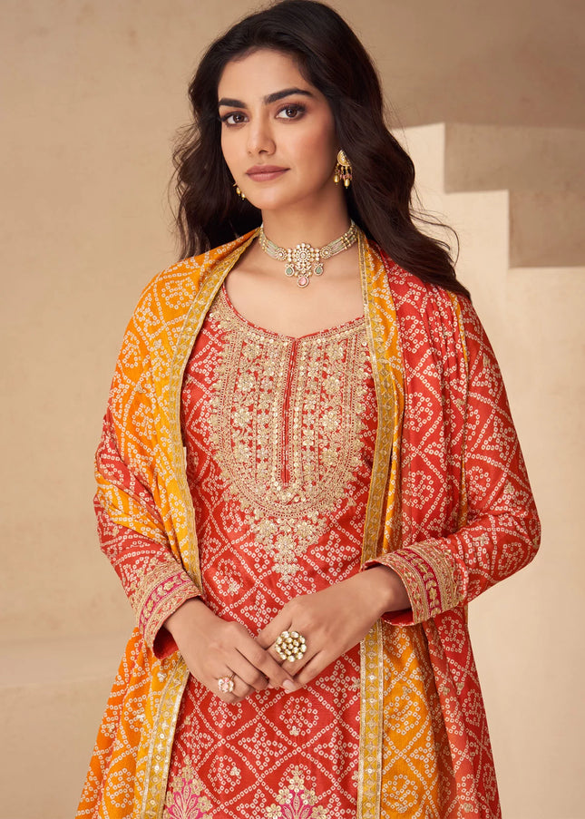 Red and Mustard Yellow Printed and Embroidered Sharara Suit