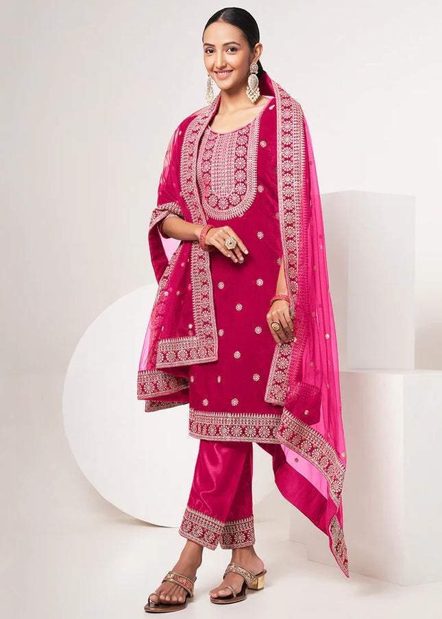 Pink Velvet Embroidered Straight Cut Suit