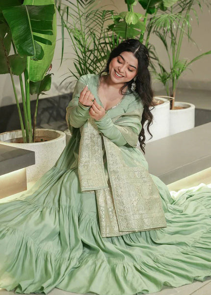 Sea Green Chanderi Silk Layered Anarkali Suit