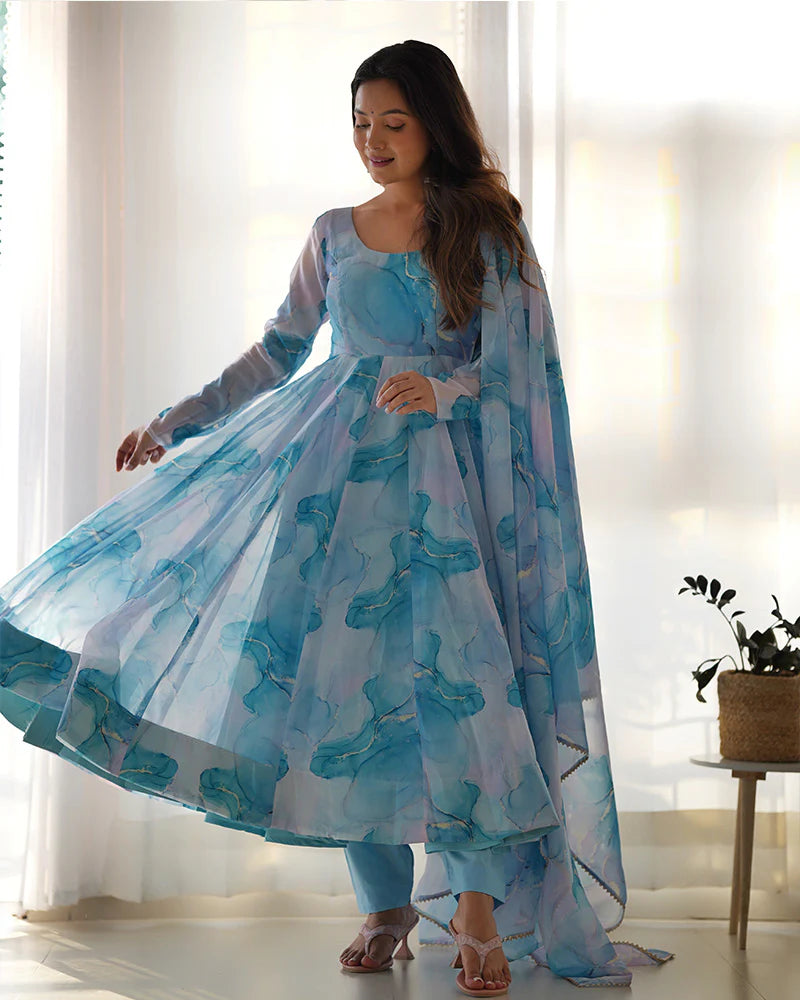 Sky Blue Floral Printed Anarkali Suit FALAKENOOR Sky Blue Floral Printed Anarkali Suit FALAKENOOR