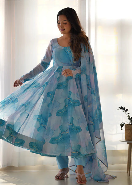Sky Blue Floral Printed Anarkali Suit