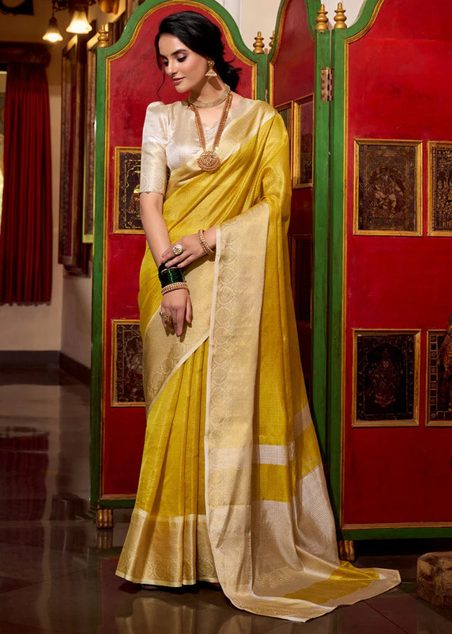 Yellow and Offwhite Embroidered  Saree
