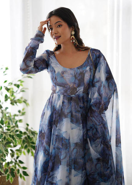 Navy Blue Floral Printed Anarkali Suit