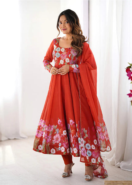 Orange Floral Printed Anarkali Suit