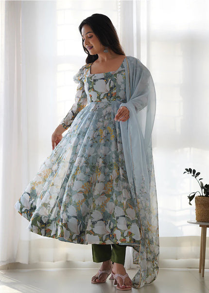 Green Floral Printed Anarkali Suit