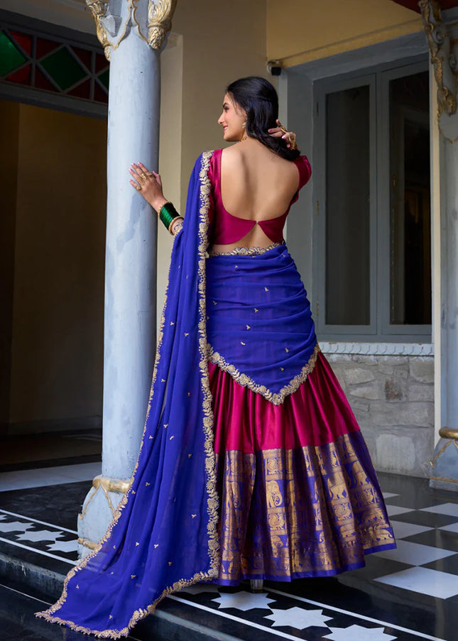 Pink and Blue Embroidered Lehenga Choli