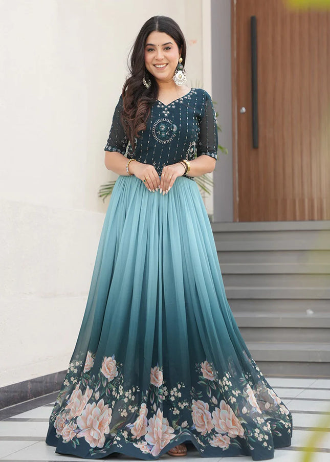 Sky Blue and Black Printed and Embroidered Anarkali Gown