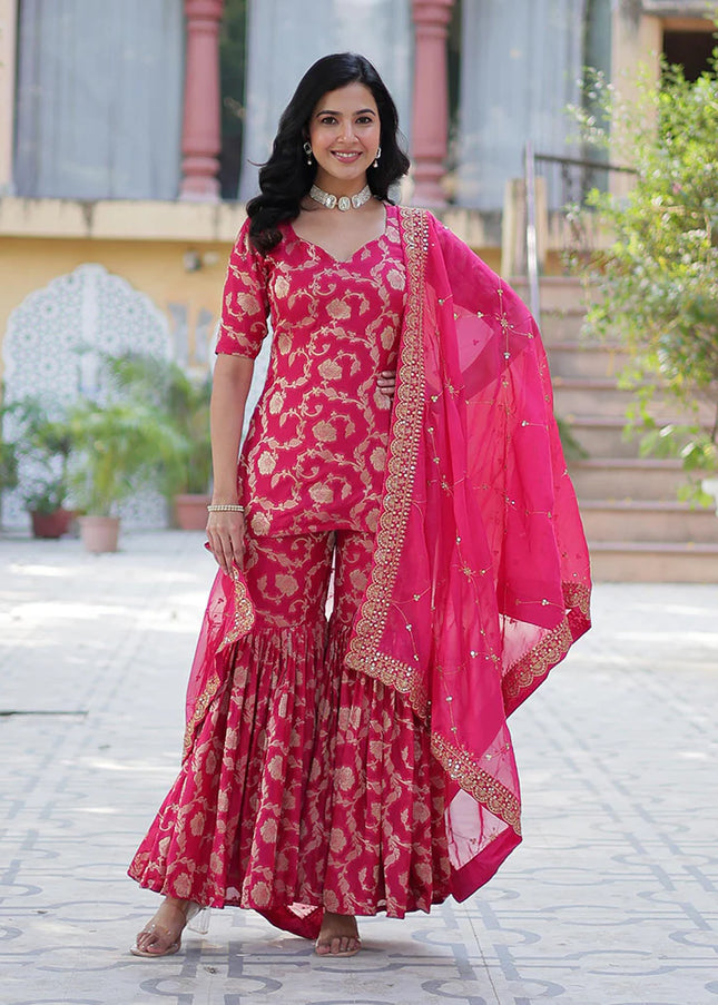 Pink Embroidered Gharara Suit