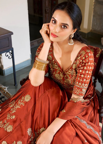 Rust Embroidered Lehenga Choli