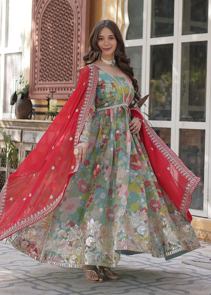 Green Multicolor Printed and Embroidered Anarkali Gown